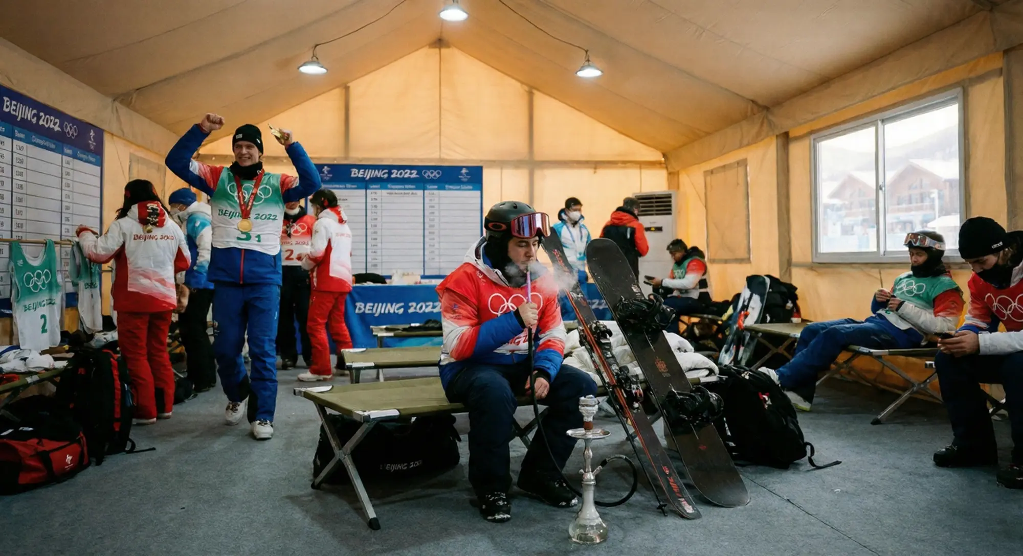 An Olympic freestyle skier exhaling a thick cloud in the lounge, representing the bold, creative, and energetic mix of Cola, Energy Drink, and our signature ice tombacco blends.