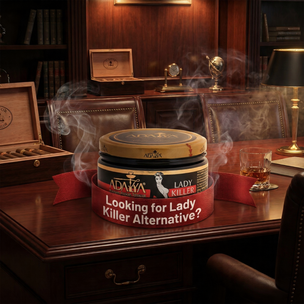 A smoky desk setup featuring a jar of Adalya shisha with a ribbon asking if you're looking for a lady killer alternative.