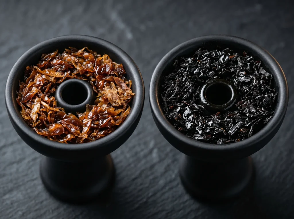 Two identical black ceramic hookah bowls shown side-by-side to highlight the visual and texture differences when you pack herbal or tobacco shisha. The left holds light brown tobacco, while the right holds a dark tea-leaf herbal mix.