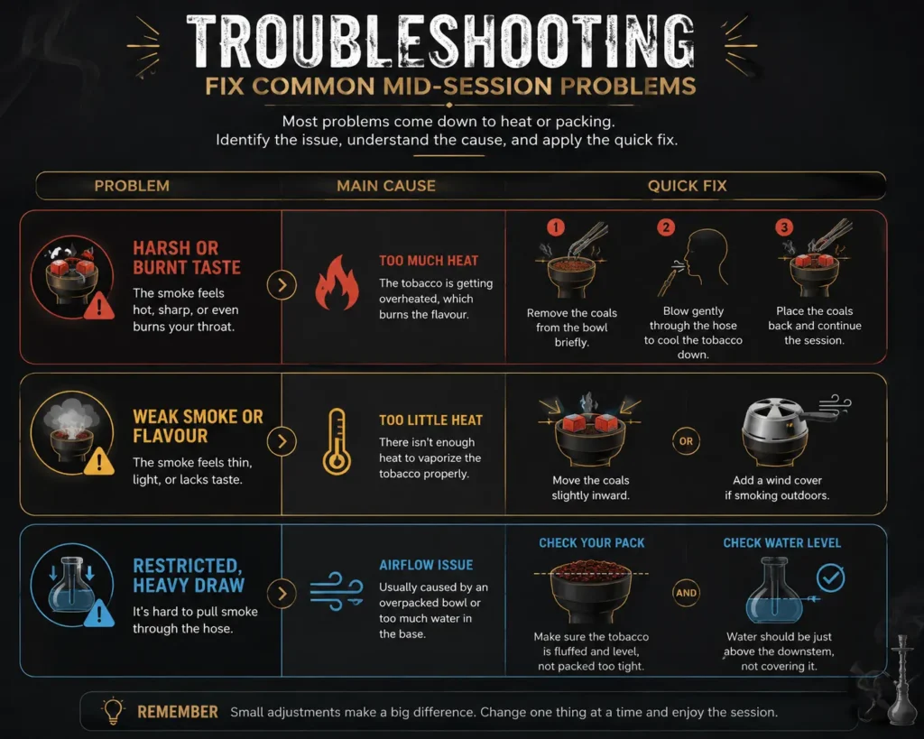 Shisha troubleshooting guide for harsh smoke, weak flavour, and restricted airflow