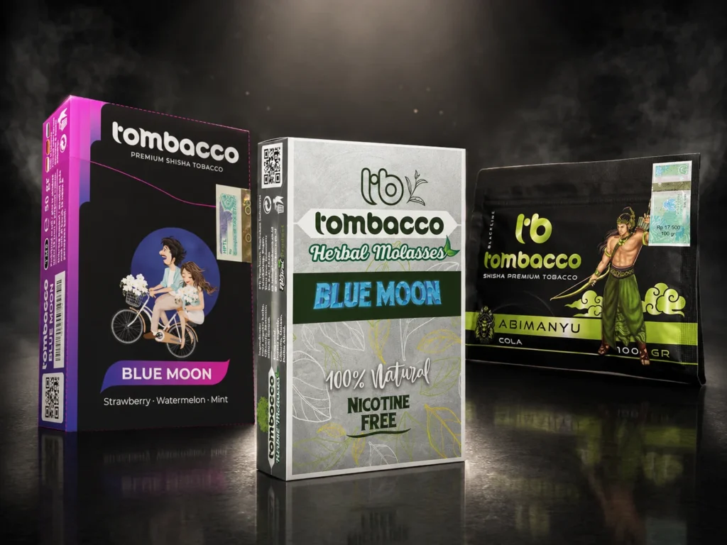 Tombacco Whiteline, Herbal, and Blackline products displayed together, showing three different nicotine options for various smoking preferences.